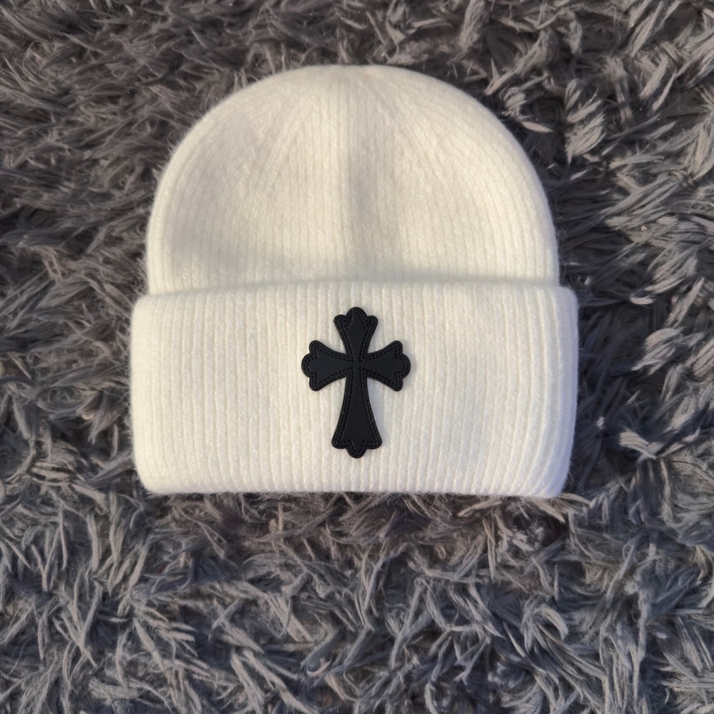 Chrome Hearts White Beanie with Black Cross